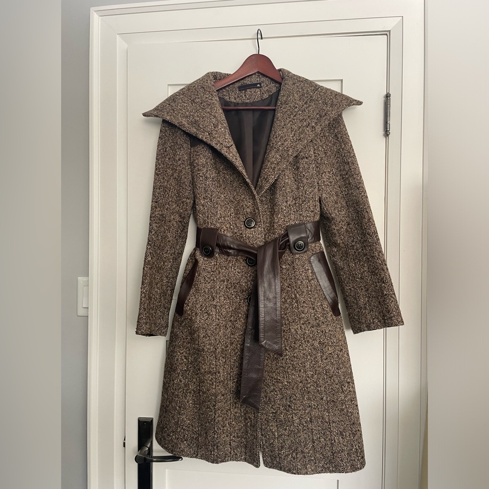 MACKAGE Vintage Tweed Wool Cashmere Leather Trim Coat Size M - Made in Canada